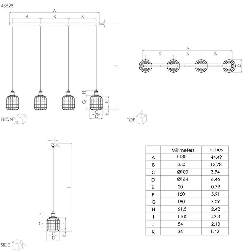 Lampadario Moderno Chisle 4 Luci Acciaio Nero