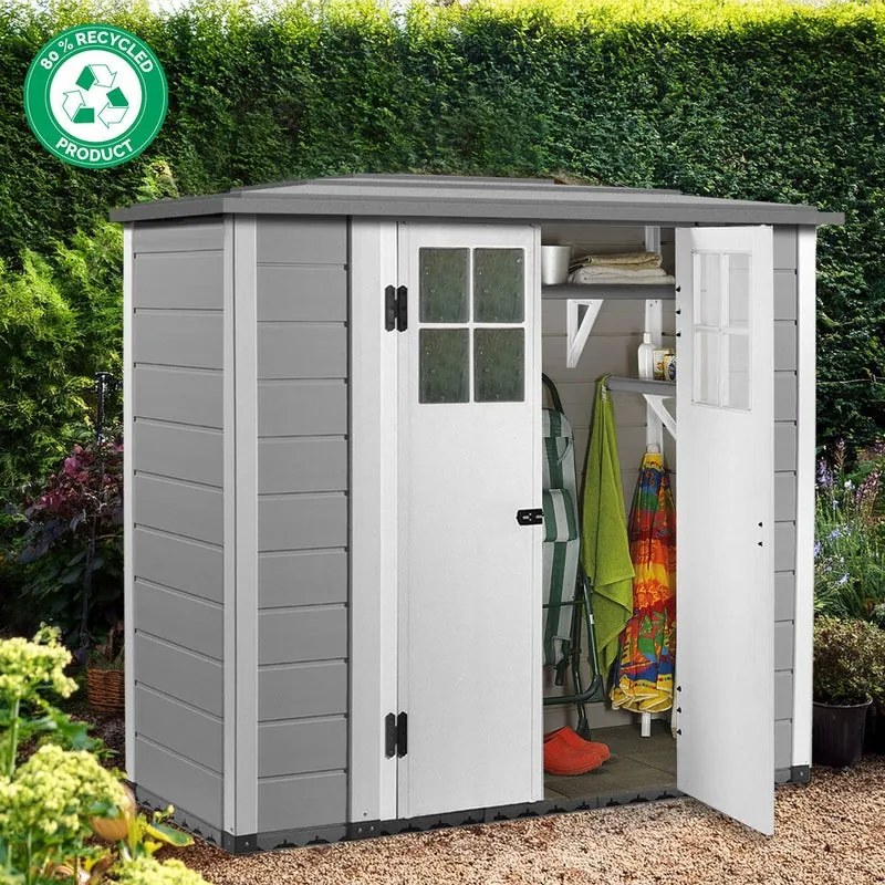 Casetta da giardino in PVC grigio 0.9 x 2.1 m, superficie esterna 2 m² e spessore parete 20 mm, con pavimento porta a due ante, GAROFALO Pagoda EVO L