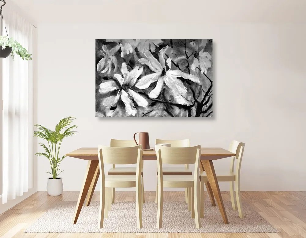 Stampa su tela – Albero acquerellato in fiore in bianco e nero