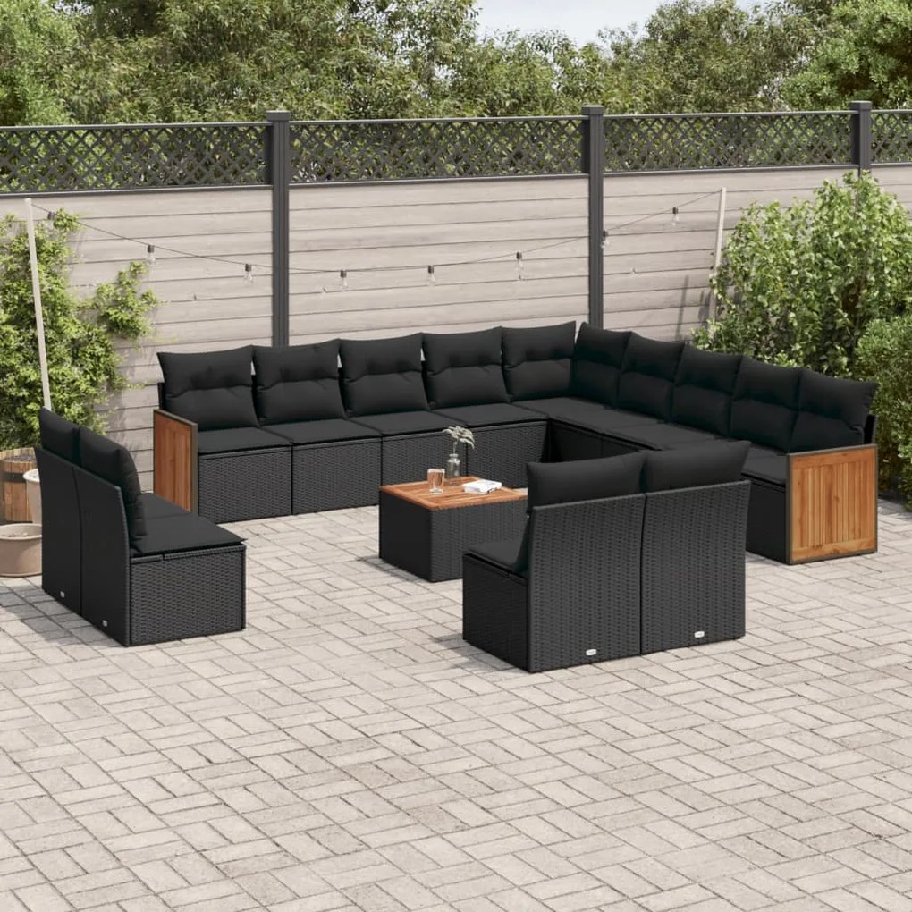 Set Divani da Giardino 14pz con Cuscini in Polyrattan Nero