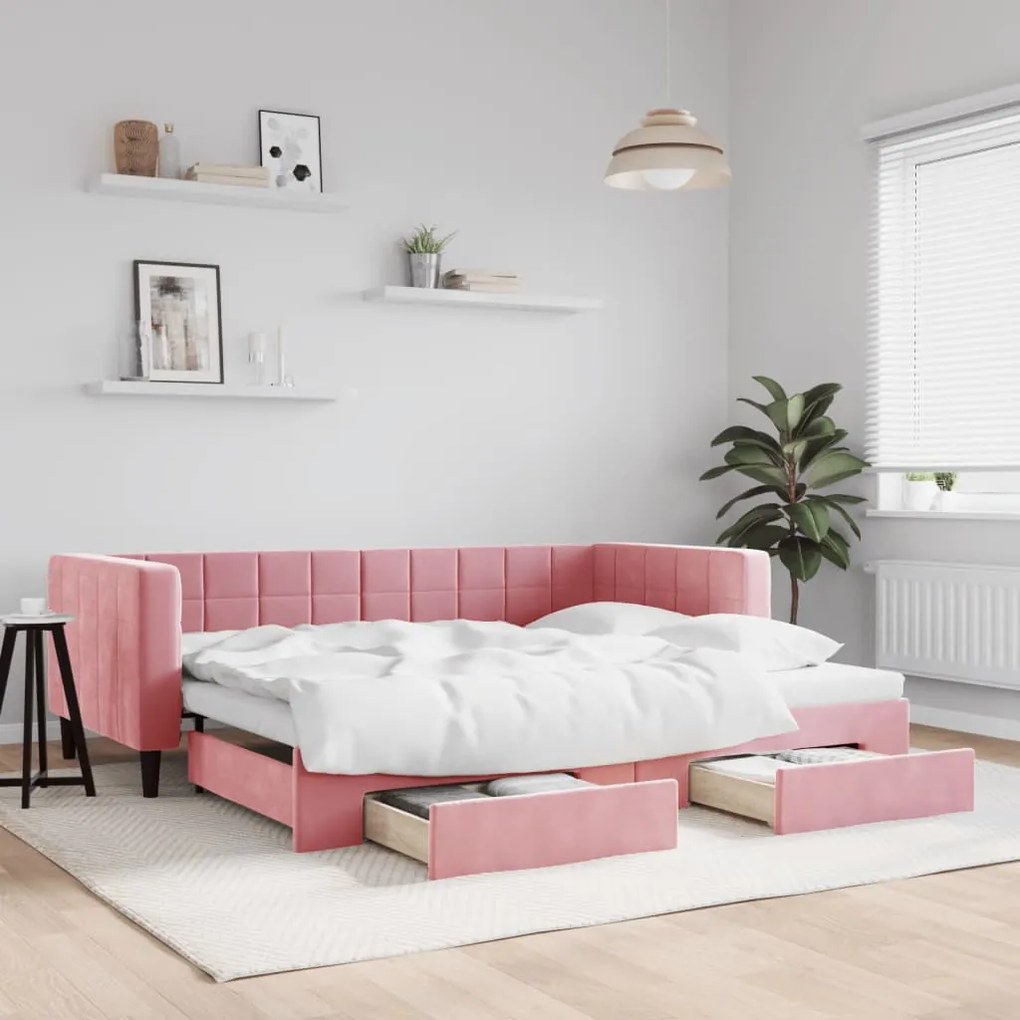 Divano Letto Estraibile Con Cassetti Rosa 90x200 Cm Velluto /