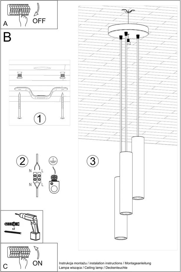 Lampada a sospensione nera ø 6 cm Castro - Sollux