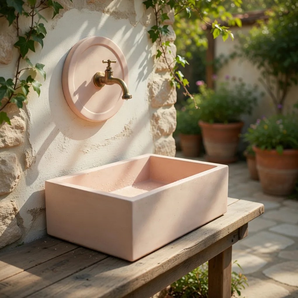 Lavello Rettangolare da Esterno 45x35 cm con Rosone Installazione a Muro in Cemento Madrid Rosa Antico...