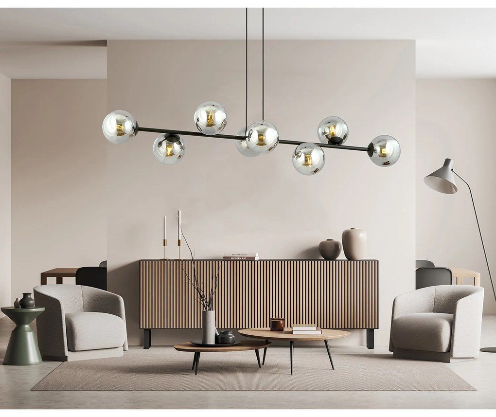 Lampadario Contemporaneo 8 Luci Durga In Acciaio Nero E Sfere In Vetro Fumè