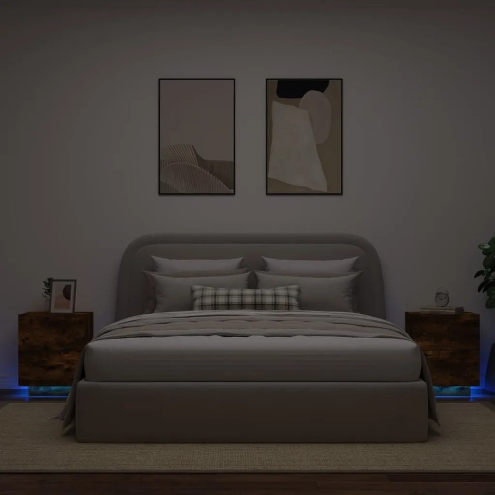Comodini Con Luci Led 2pz Rovere Fumo İn Legno Multistrato /