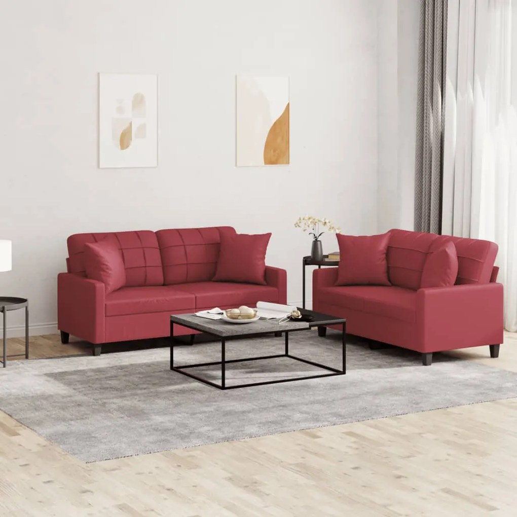 Set Di Divani 2 Pz Con Cuscini Rosso Vino İn Similpelle /