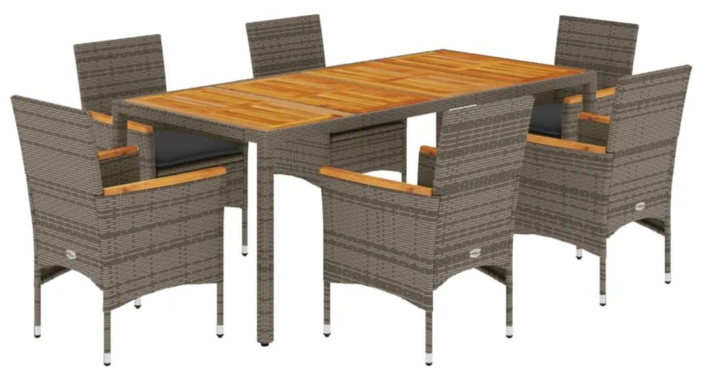 Set pranzo da giardino 7pz con cuscini polyrattan acacia grigio