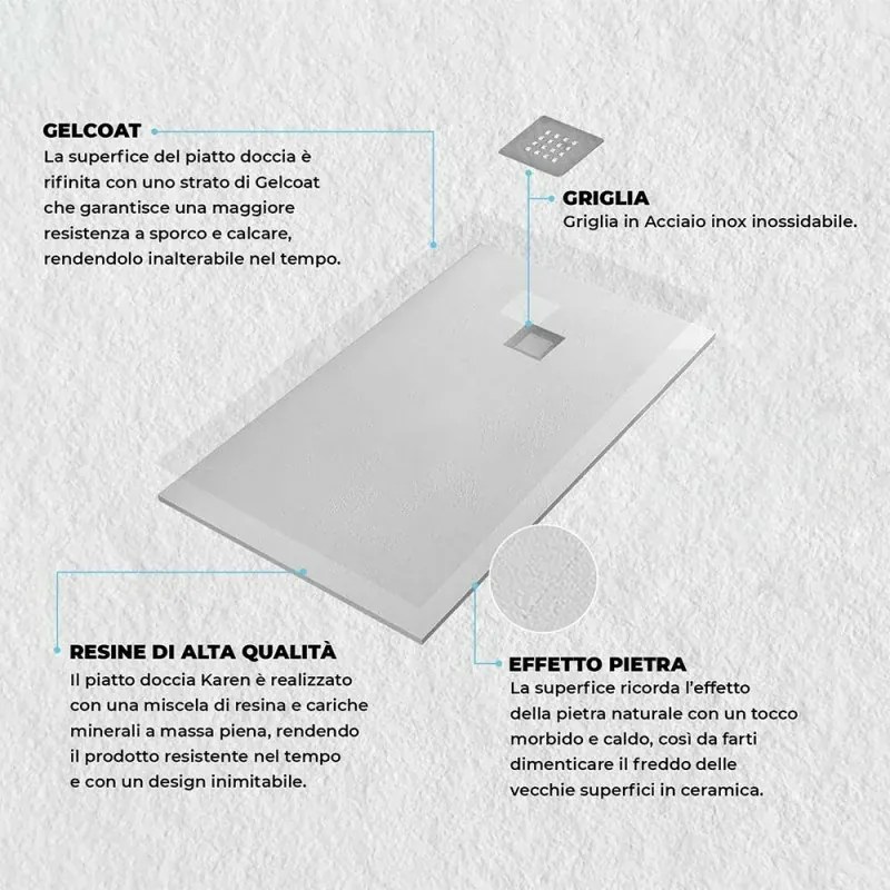 Piatto doccia 70x90 Karen in resina riducibile bianco effetto pietra
