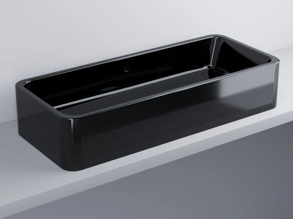 Cielo shui lavabo 100x42 da appoggio rettangolare con troppopieno in ceramica nero lucido