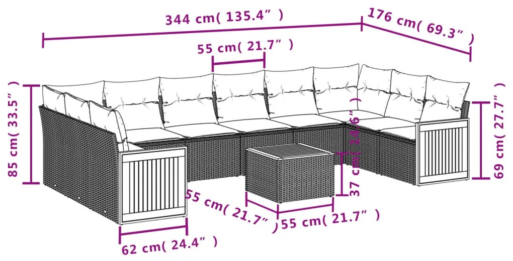 Set divani da giardino 11 pz con cuscini in polyrattan nero