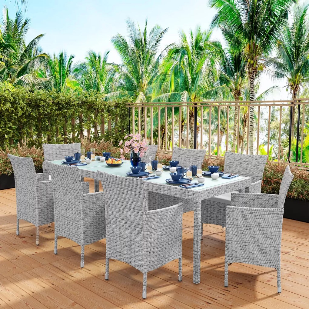 Set Di 8 Sedie Impilabili E 1 Tavolo Rettangolare Con Ripiano In Vetro Mobili da Giardino Salotto Salottino Rattan 4 Posti Per Terrazzo Balcone Esterno Piscina Cuscini Sfoderabili Colore Grigio