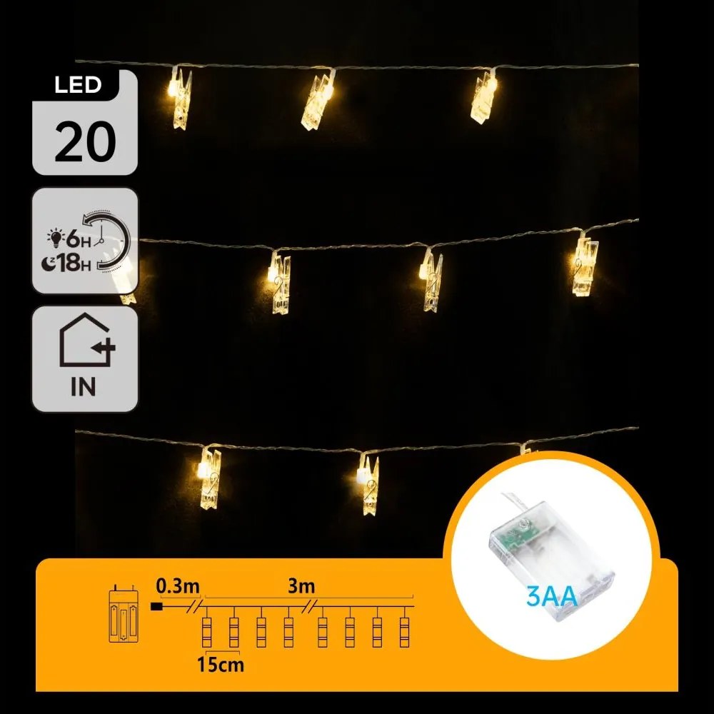 Aigostar - Catena decorativa LED con mollette 20xLED/3xAA 3,3m bianco caldo