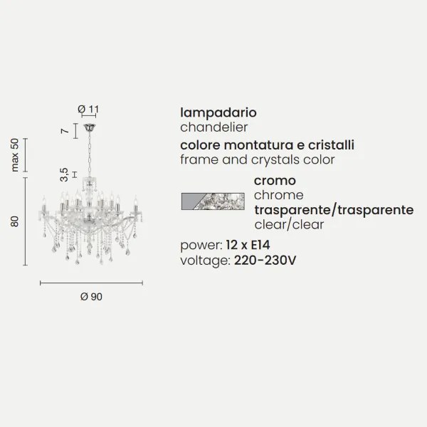 Lampadario a sospensione DAMASCO con decorazioni in cristallo D90 cm Cromo 12 Luci