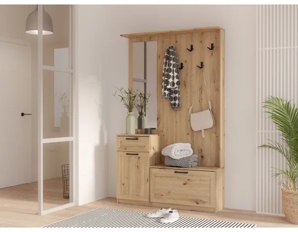 Parete attrezzata per ingresso con specchio KAVI, finitura rovere artisan