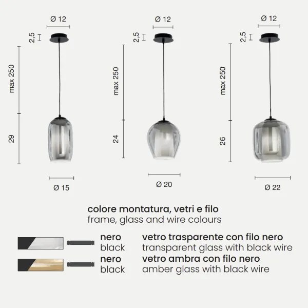 Lampada sospensione BONNIE con 6 diffusori in vetro soffiato 45 cm colorati