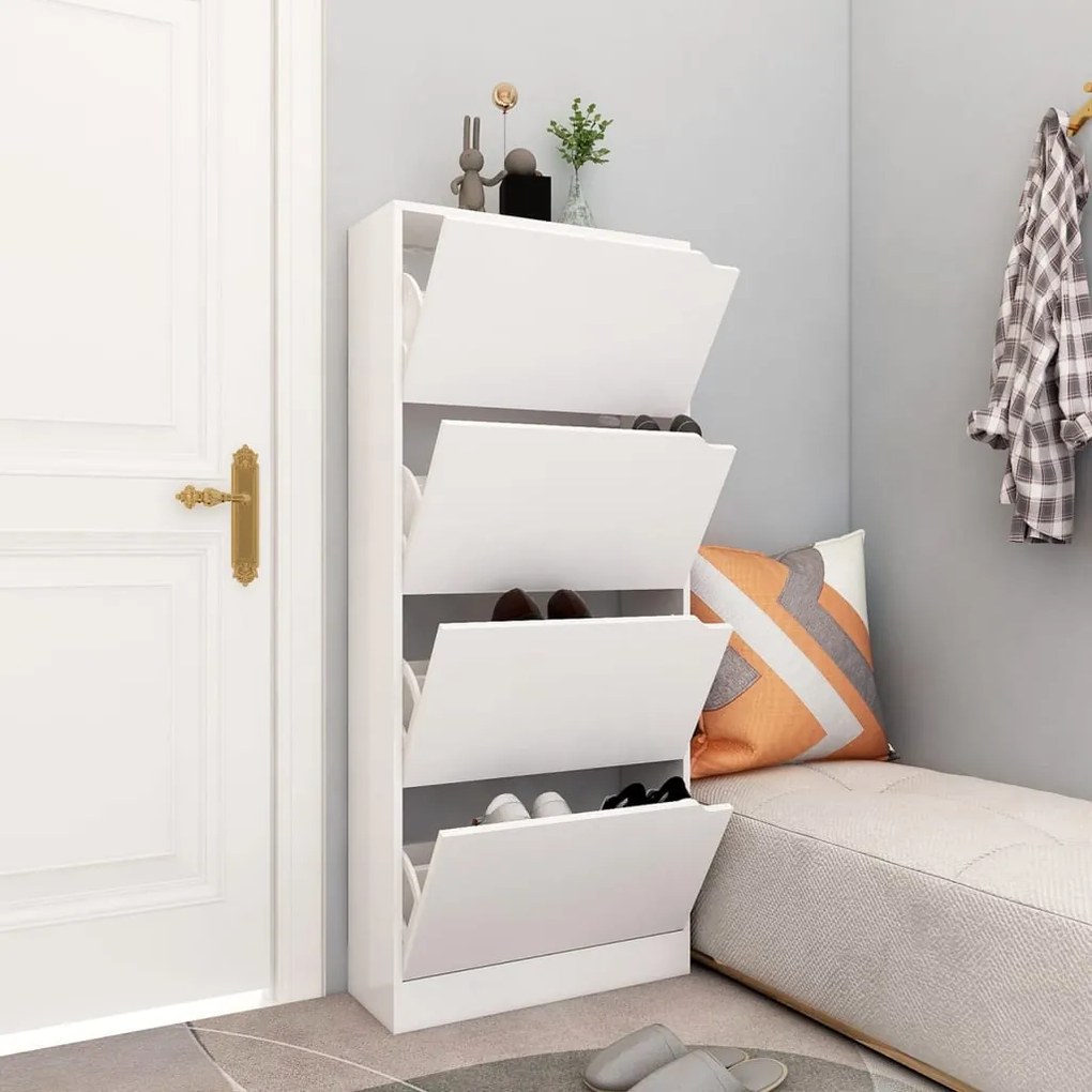 Scarpiera Con 4 Ante Bianca 59x24x136 Cm İn Legno Multistrato /