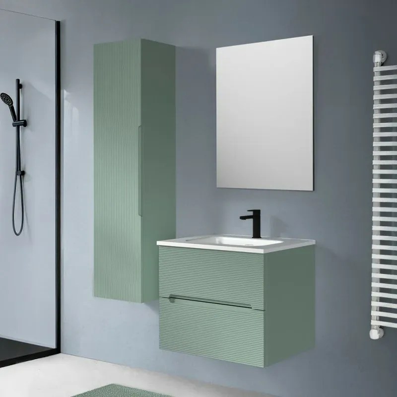 Mobile bagno sospeso 60 verde cannettato 2 cassetti lavabo e specchio Rigo