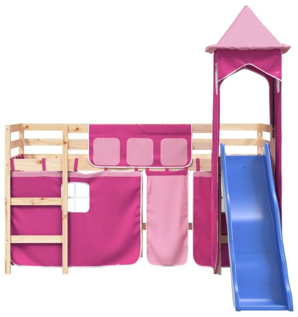 Letto a soppalco con torre bambini rosa 80x200cm massello pino