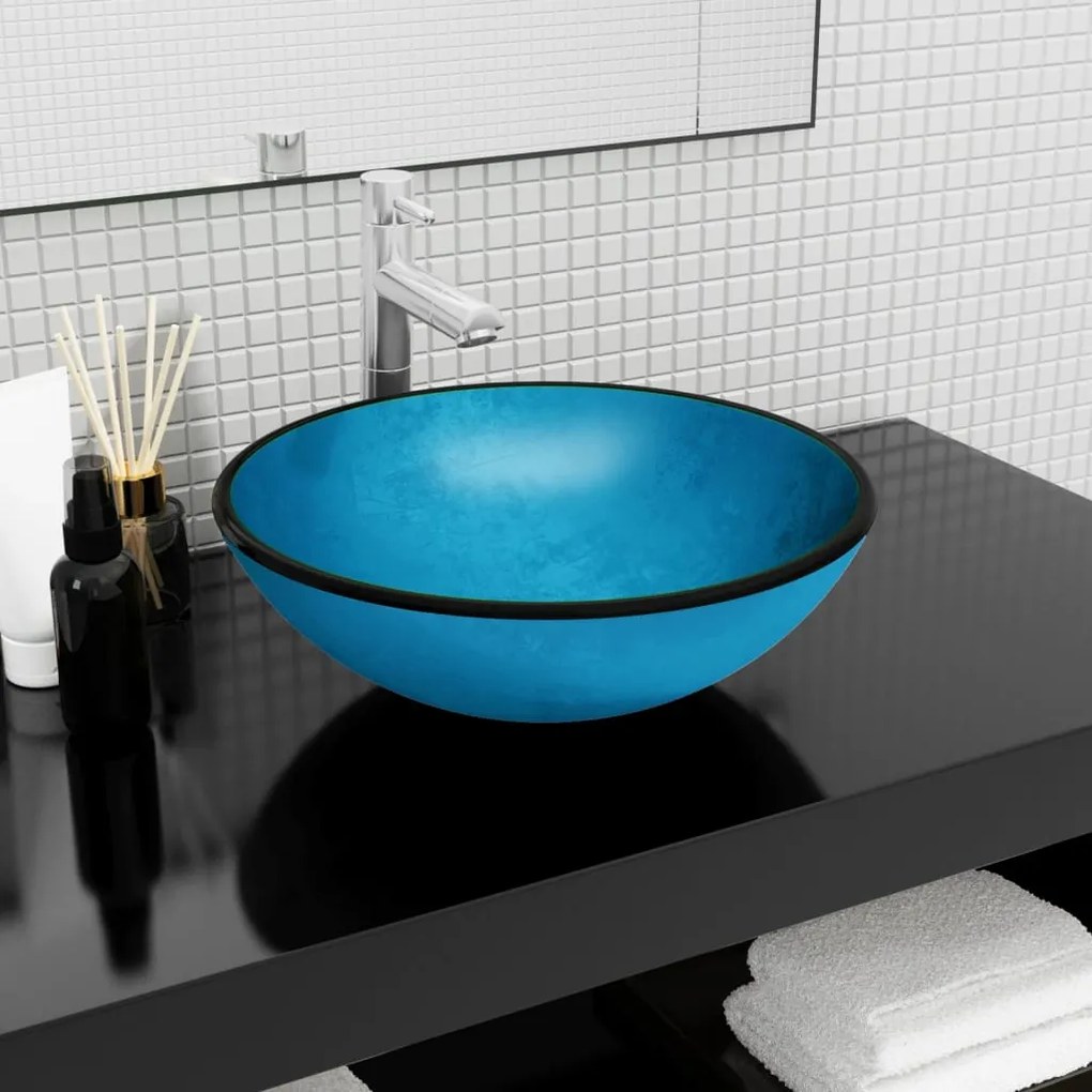 Lavandino İn Vetro Temperato 42x14 Cm Blu /