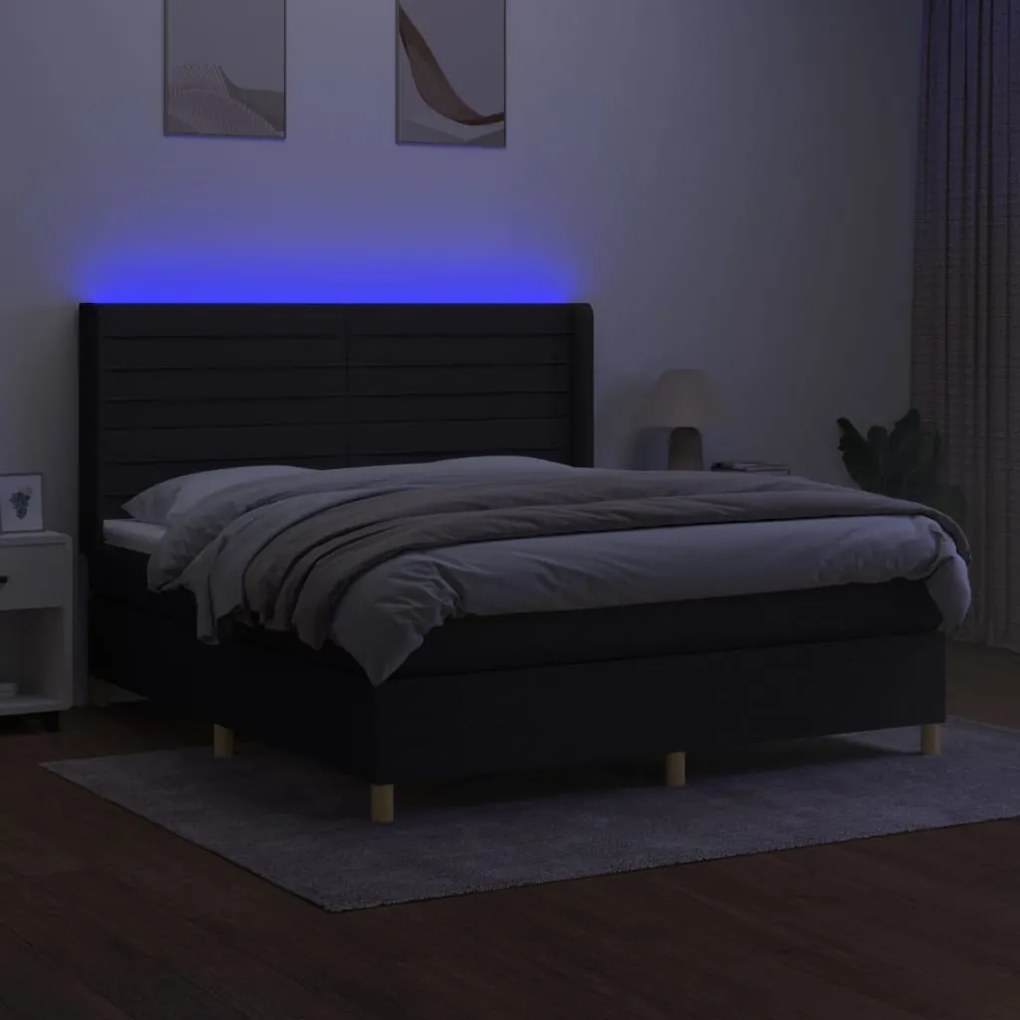 Letto a molle con materasso e led nero 160x200 cm in tessuto