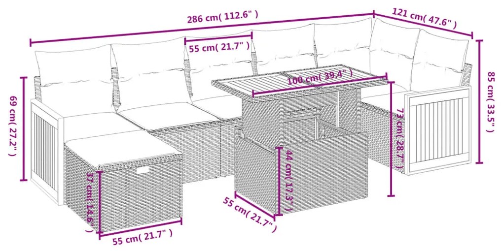 Set divani da giardino con cuscini 8 pz nero in polyrattan