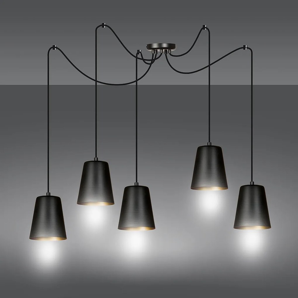 Lampadario 5 Luci Link In Acciaio Nero Cavo Lungo E Paralumi Cono Nero E Oro