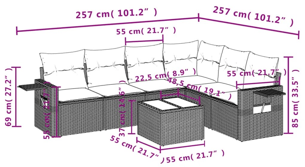 Set divani da giardino 7 pz con cuscini beige in polyrattan