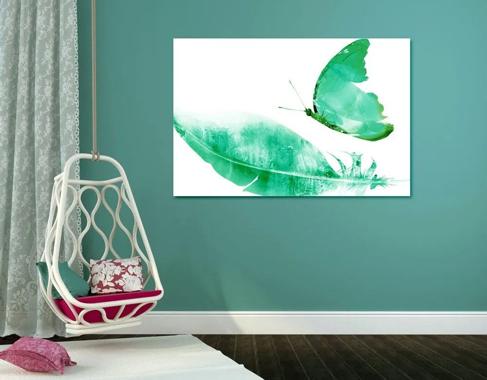Stampa su tela – Piuma con farfalla in verde