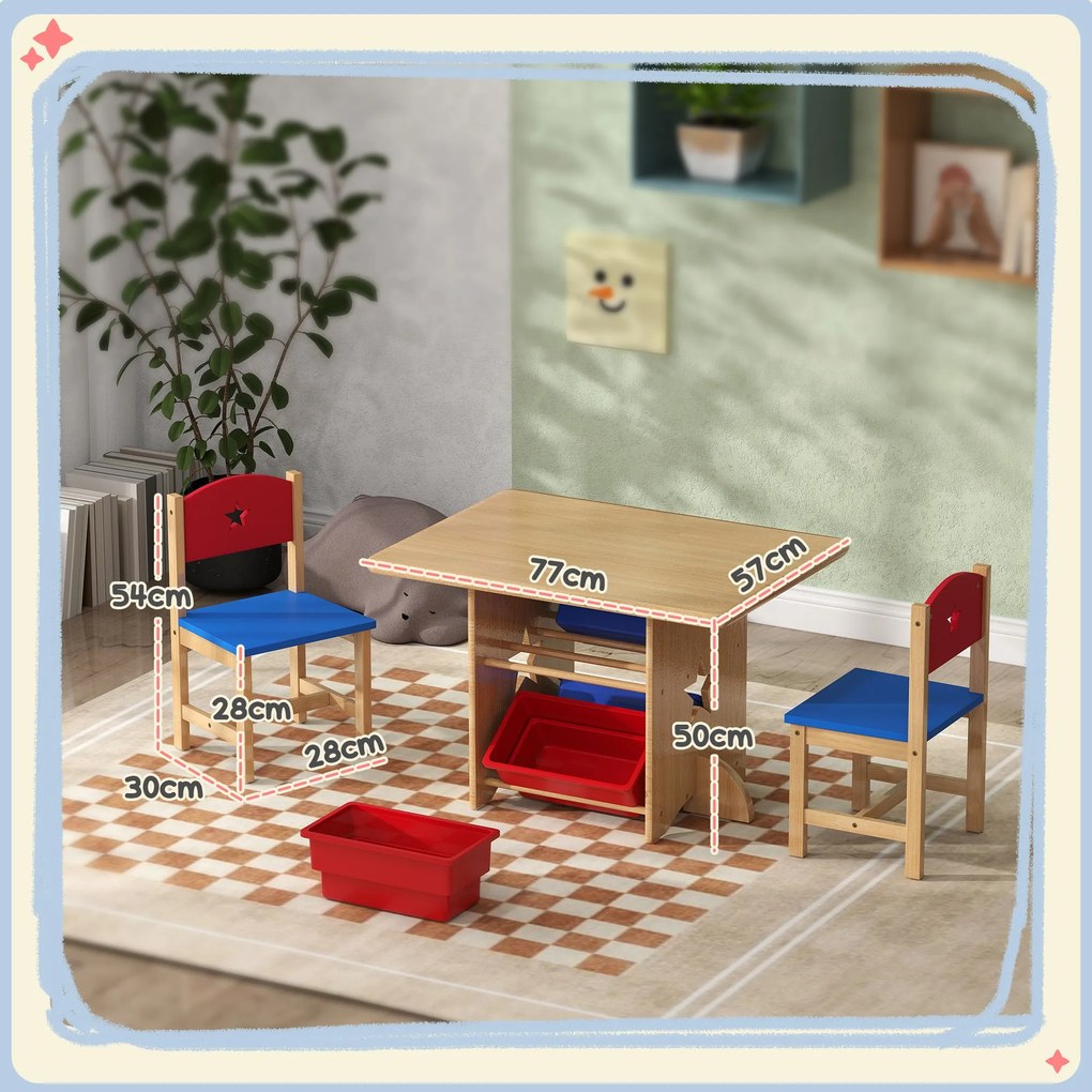 Set Tavolo e Sedie per Bambini con 4 Contenitori per Giochi in Legno e PP...