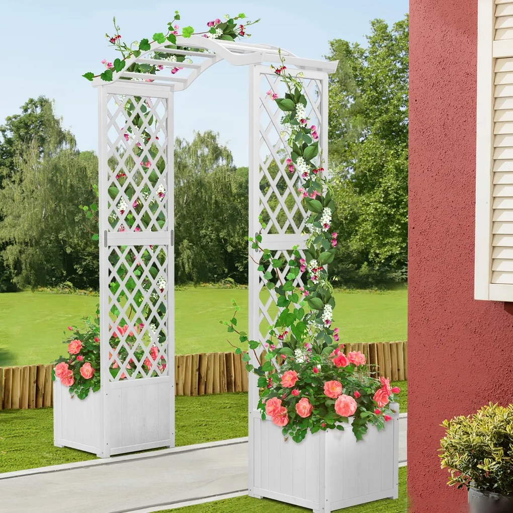 Costway Arco da giardino in legno con fioriere, Pergolato da esterno per piante rampicanti ortaggi decorazioni Bianco