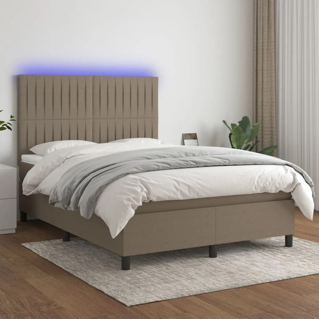 Letto a molle con materasso e led tortora 140x200 cm in tessuto