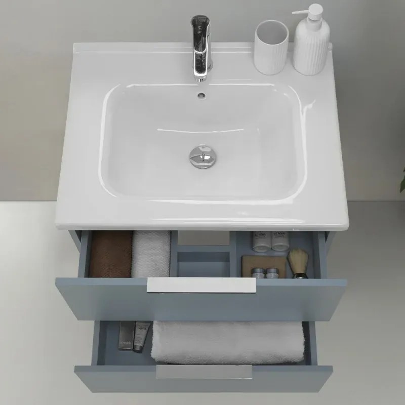 Mobile bagno sospeso 60cm azzurro polvere con cassetti lavabo e specchio Elva