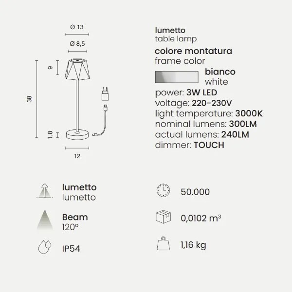Lampada tavolo LED 12x38 cm ricaricabile USB touch senza fili FIJI Bianco