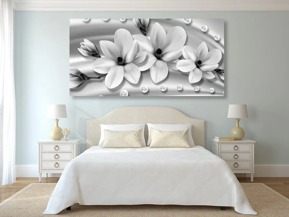 Stampa su tela – Magnolia di lusso con perle in bianco e nero