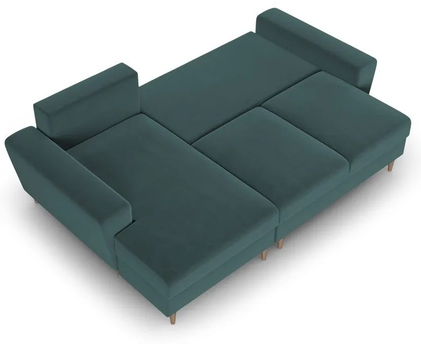 Divano angolare color petrolio allungabile e con contenitore (con penisola a sinistra/con chaise lounge) con rivestimento in velluto Kyoto – Cosmopolitan Design