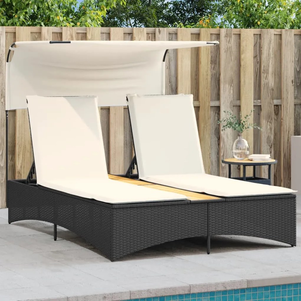 Lettino Prendisole Doppio Baldacchino E Cuscini Nero Polyrattan /