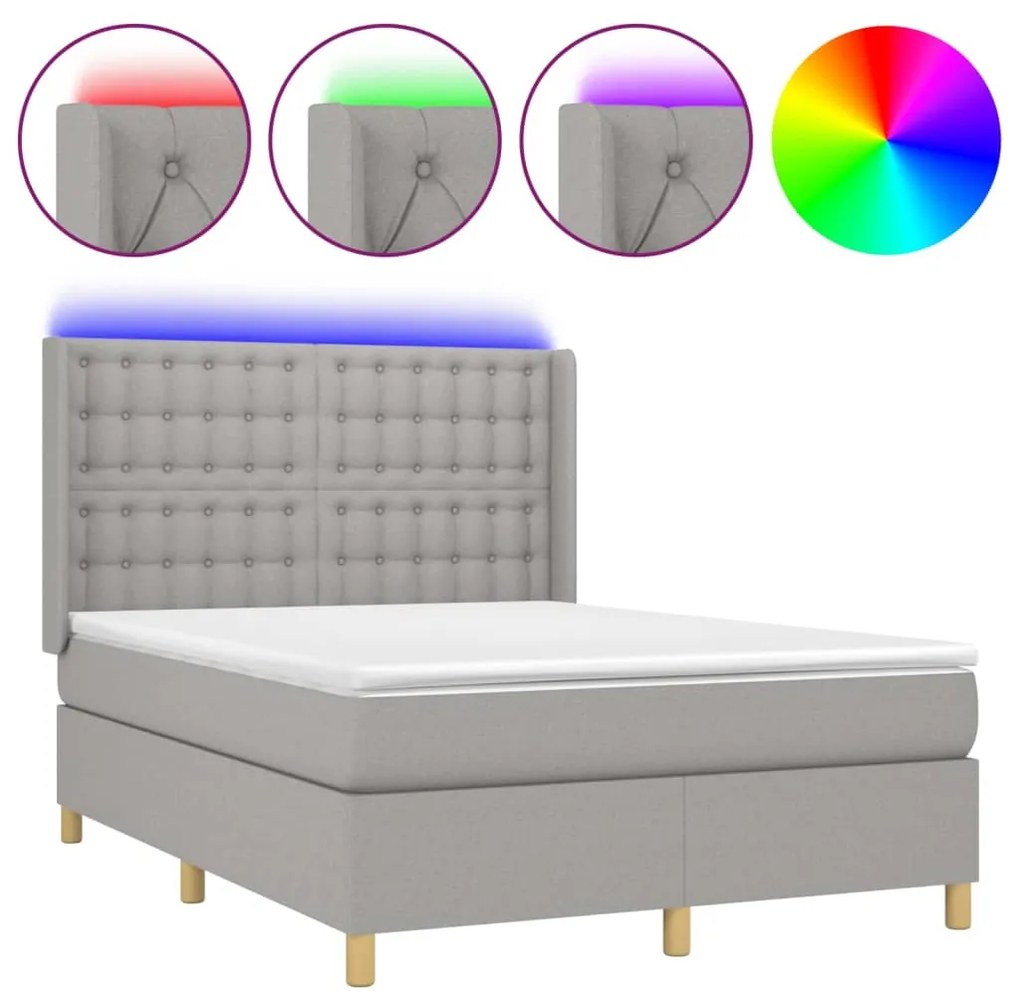 Letto a molle materasso e led grigio chiaro 140x200 cm tessuto