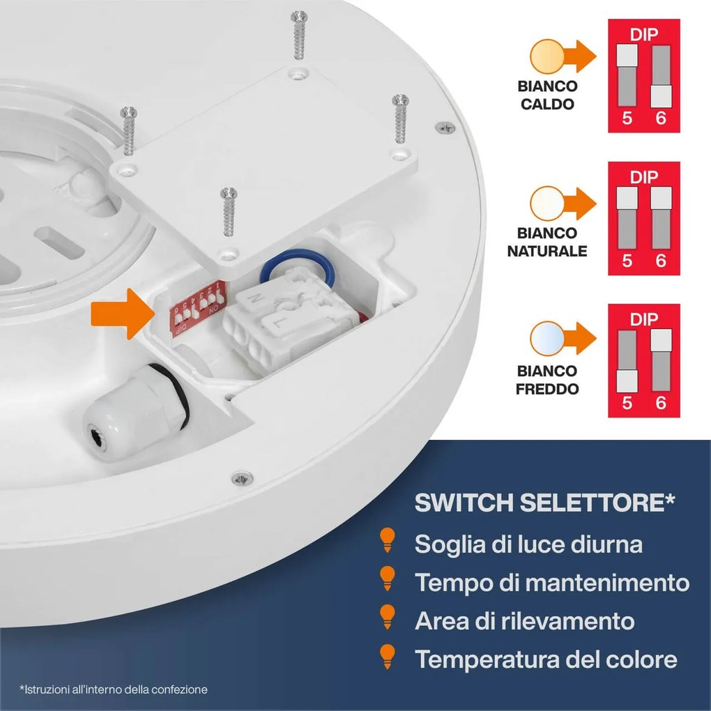 Plafoniera LED 18W IP65 CCT Ø23CM con Sensore di Movimento