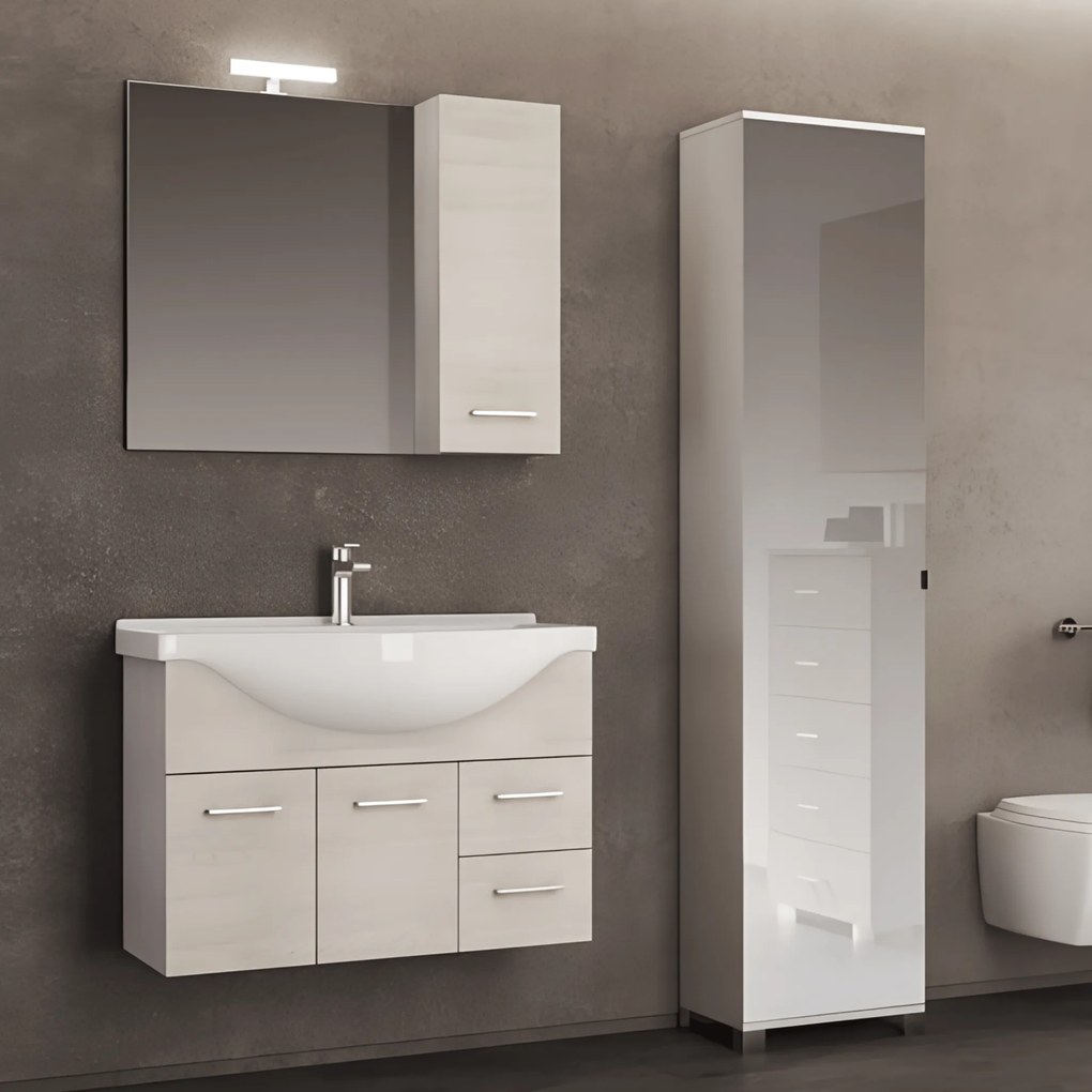 Mobile Bagno Sospeso 85 Cm Due Cassetti e Due Ante e Specchio Con Illuminazione Led e Pensile Savini "Gaia 2"