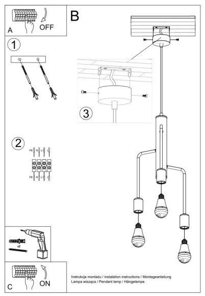Lampadario a sospensione con filo DUOMO 3M 3xE27/60W/230V nero