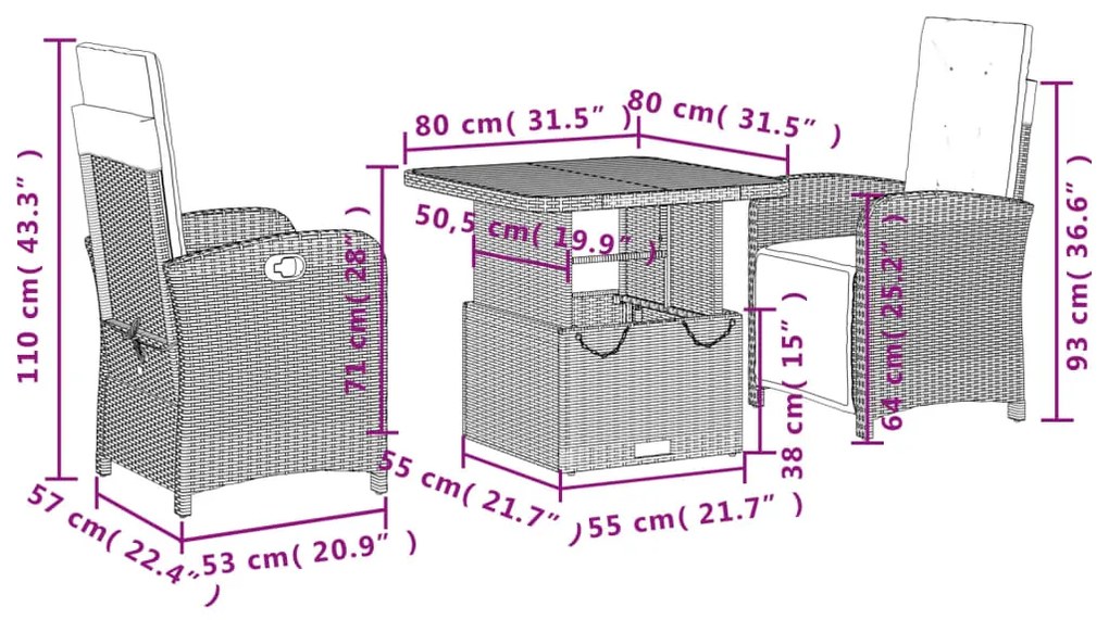 Set da Pranzo da Giardino 3 pz con Cuscini Nero in Polyrattan