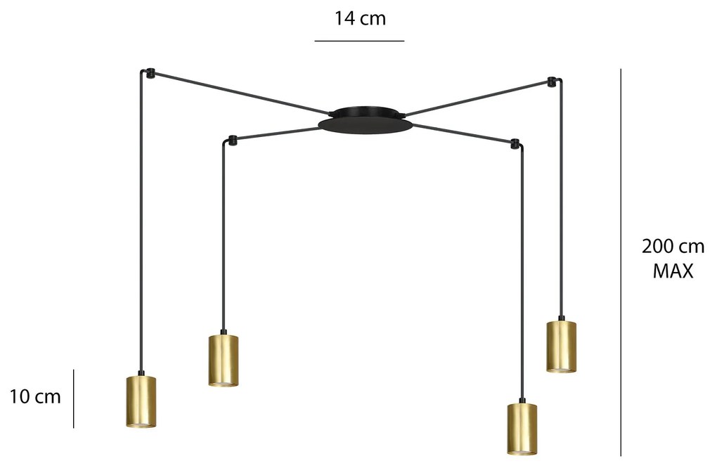 Sospensione A Ragno In Acciaio Nero E Oro 4 Luci Tracker Con Cavo 3 Metri
