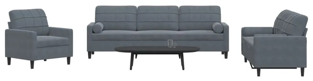Set Di Divani 3 Pz Con Cuscini E Rinforzi Grigio Scuro Velluto /