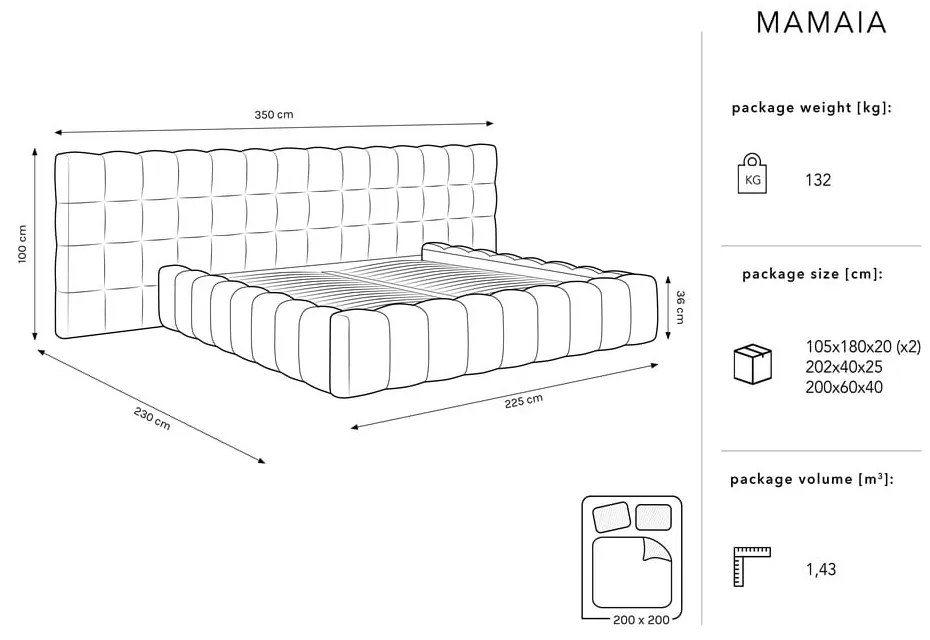 Letto matrimoniale imbottito beige con spazio contenitivo e rete 200x200 cm Mamaia - Micadoni Home