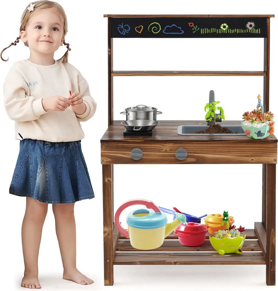 Costway Cucina all'aperto in legno di cedro per bambini, Cucina in legno di cedro con rubinetto girevole e lavandino rimovibile Naturale