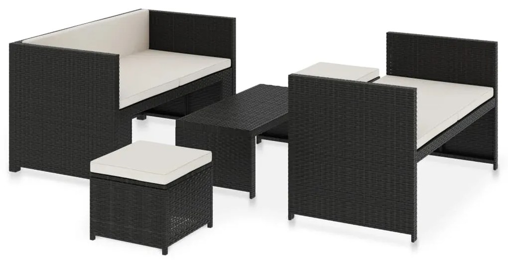 Set divani da giardino 5 pz con cuscini in polyrattan nero