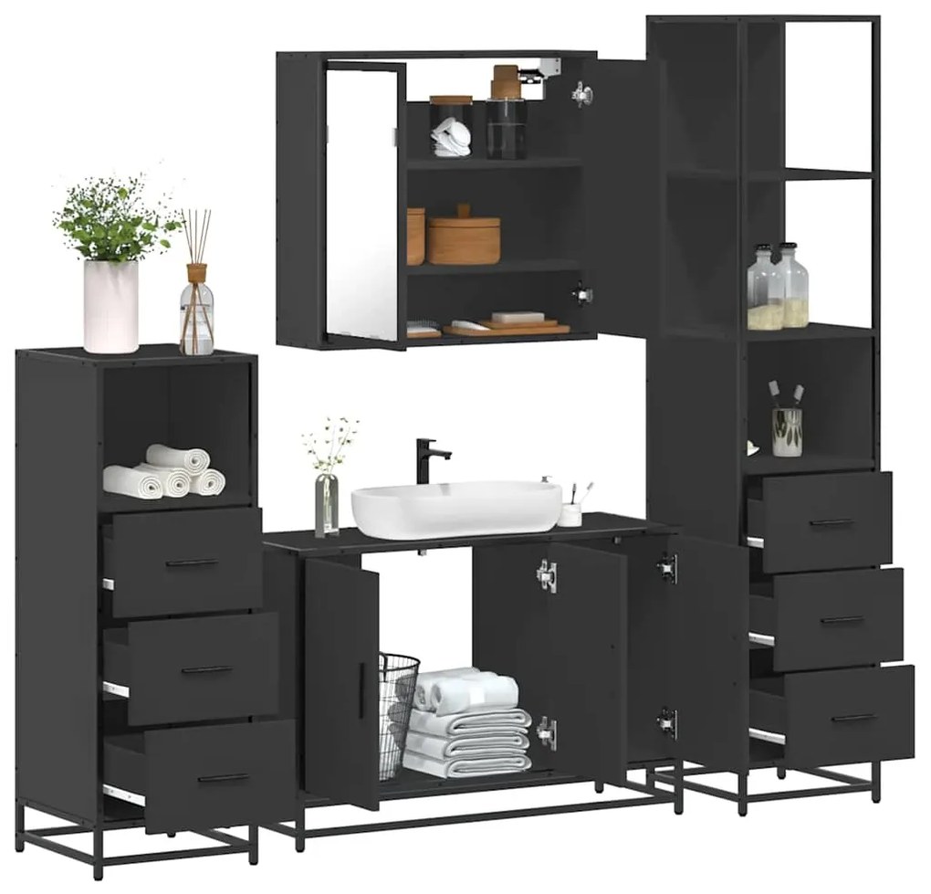 Set Mobili Da Bagno 4 Pz Nero İn Legno Multistrato /
