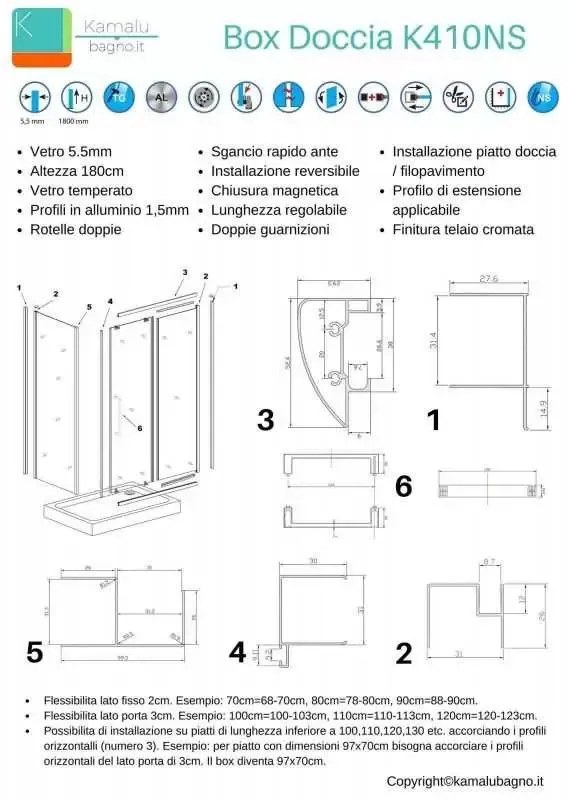 Kamalu - Box doccia angolo 160x70 cm trasparente altezza 180cm K410NS