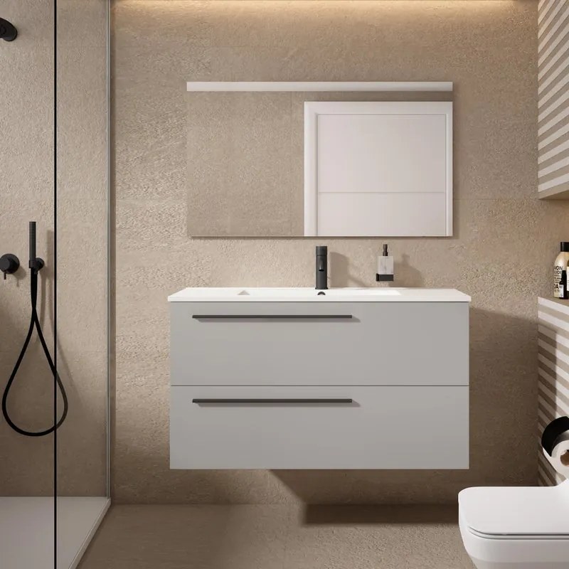 Mobile da bagno sotto lavabo VISOBATH Mia grigio perla laccato opaco L 100 x H 55 x P 45 cm 2 cassetti, lavabo posizionabile centralmente non incluso