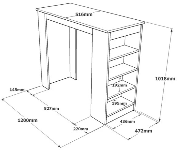 Tavolo Da Cucina Alto Con Ripiani Laterali 120x52x102H Rovere Chiaro